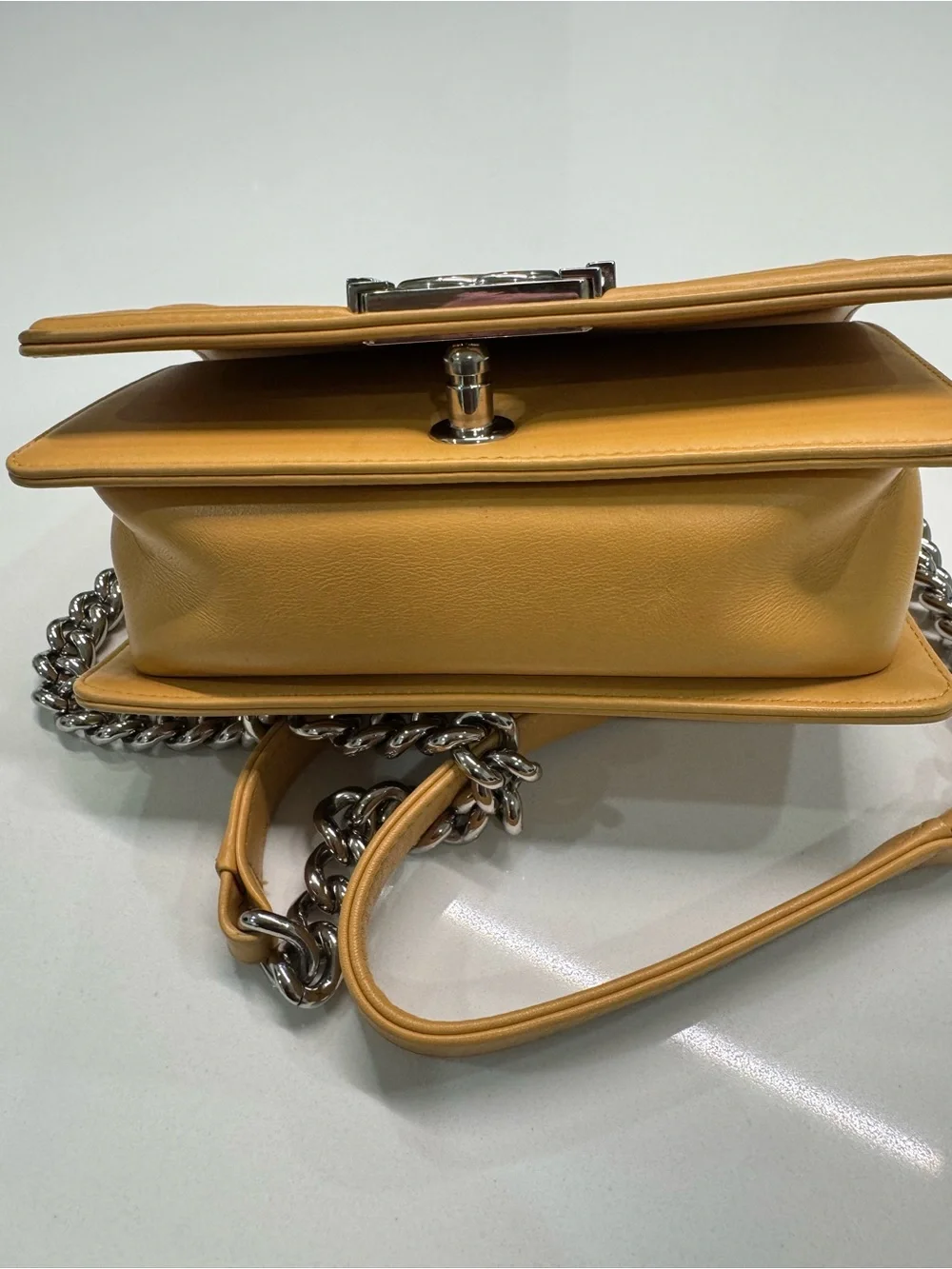 CHANEL Yellow Quilted Chevron Boy Crossbody with Silver Hardware